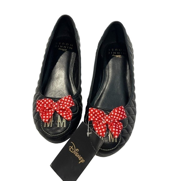 DISNEY MINNIE MOUSE QUILTED FLATS Size X-Large 11/12 Black Red Bow NWT - Picture 1 of 11